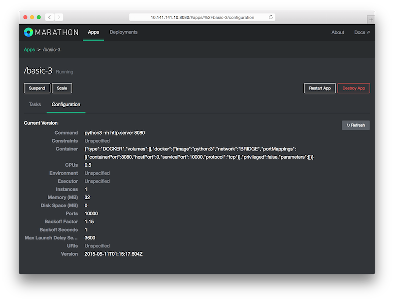 Marathon deployment example: Docker image, configuration